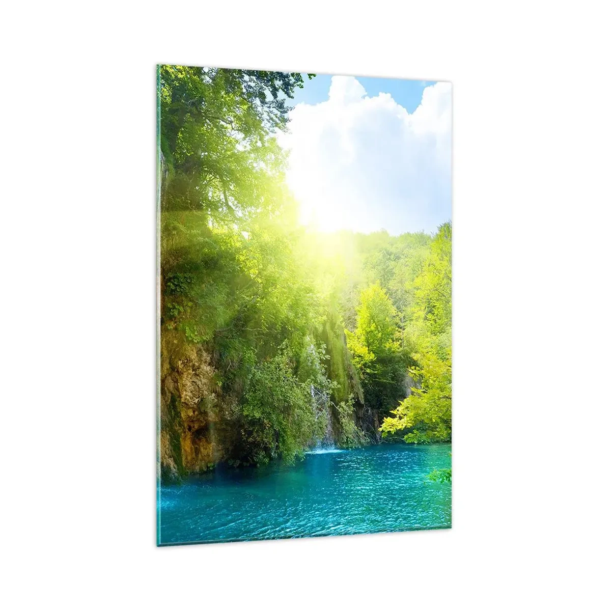 Cuadro sobre vidrio - Impresiones sobre Vidrio - Una cascada que desemboca en un lago turquesa rodeado de vegetación. - 80x120cm - Debe ser el Edén - Decoración de pared moderna para salón y dormitorio ARTTOR