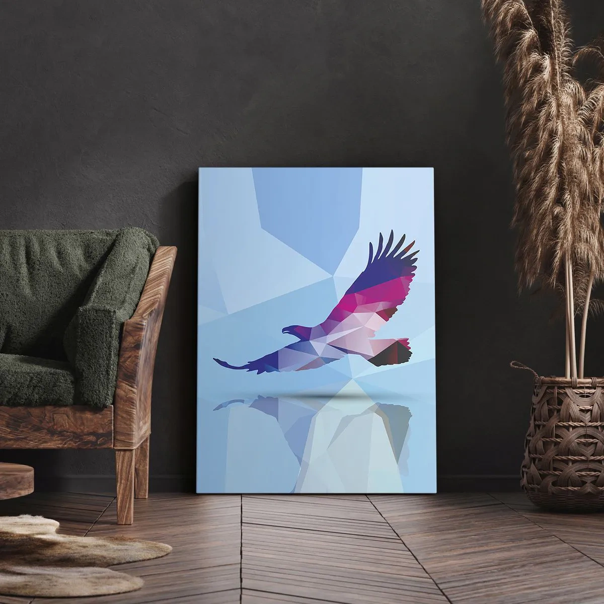 Cuadro sobre lienzo - Impresión de Imagen - Silueta geométrica de un águila en vuelo sobre un fondo azul. - 50x70cm - Águila en cristal lila - Decoración de pared moderna para salón y dormitorio ARTTOR