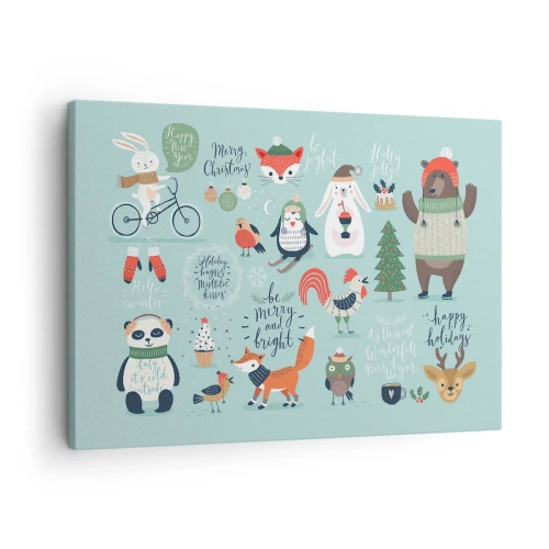 Cuadro sobre lienzo - Impresión de Imagen - Ilustración navideña de animales en un ambiente invernal. - 70x50cm - ¡Que siempre sea Navidad! - Decoración de pared moderna para salón y dormitorio ARTTOR