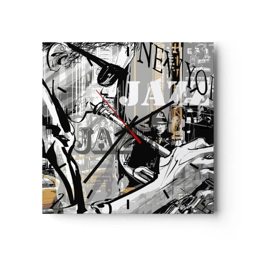 Reloj de pared - Reloj de vidrio - Escena de jazz de Nueva York - 30x30cm - Al ritmo de Nueva York - Decoración de pared moderna para salón y dormitorio ARTTOR