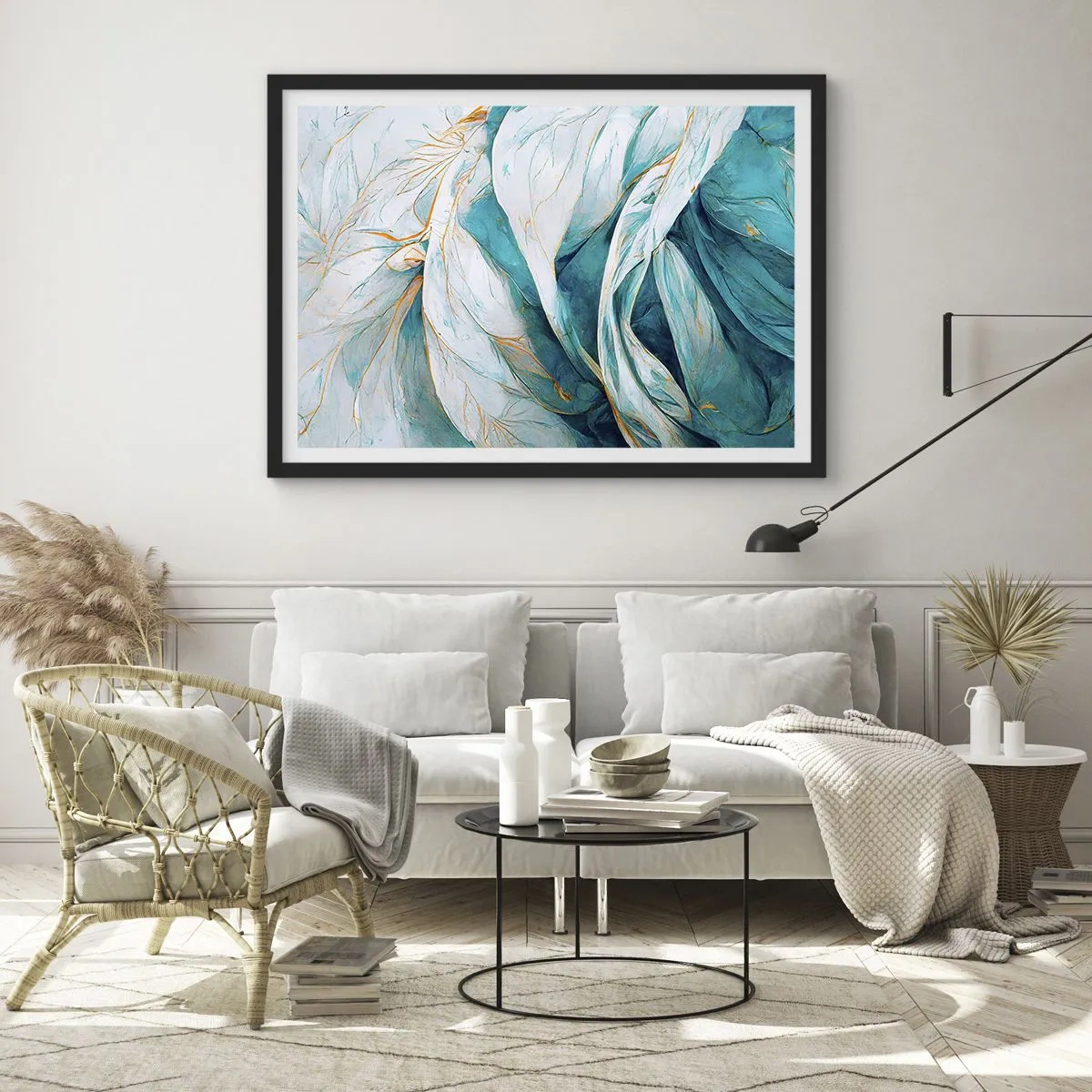 Póster en marco negro - Hojas azules abstractas con detalles dorados - 70x50cm - Abstracción azul con motivos dorados - Decoración de pared moderna para salón y dormitorio ARTTOR