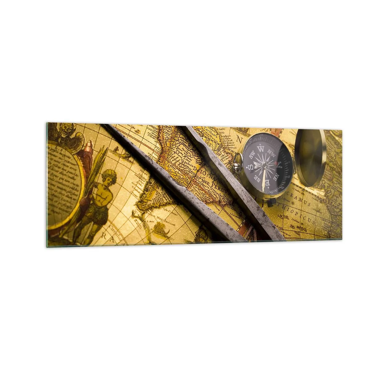 Cuadro sobre vidrio - Impresiones sobre Vidrio - Un mapa del mundo antiguo con una brújula y un par de brújulas en el fondo. - 140x50cm - ¿Dónde están los tesoros? - Decoración de pared moderna para salón y dormitorio ARTTOR