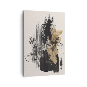 Cuadro sobre lienzo - Impresión de Imagen - Una pintura abstracta en negro y dorado con líneas y estructuras dinámicas. - 70x100cm - Composición con pasión - Decoración de pared moderna para salón y dormitorio ARTTOR