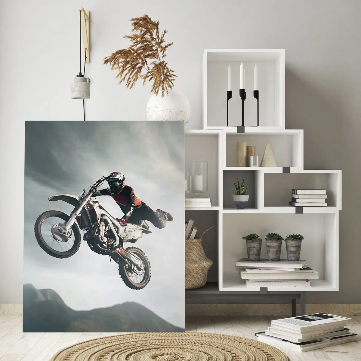 Cuadro sobre vidrio - Impresiones sobre Vidrio - Motociclista en el aire durante un salto - 80x120cm - No hay diversión sin riesgo - Decoración de pared moderna para salón y dormitorio ARTTOR