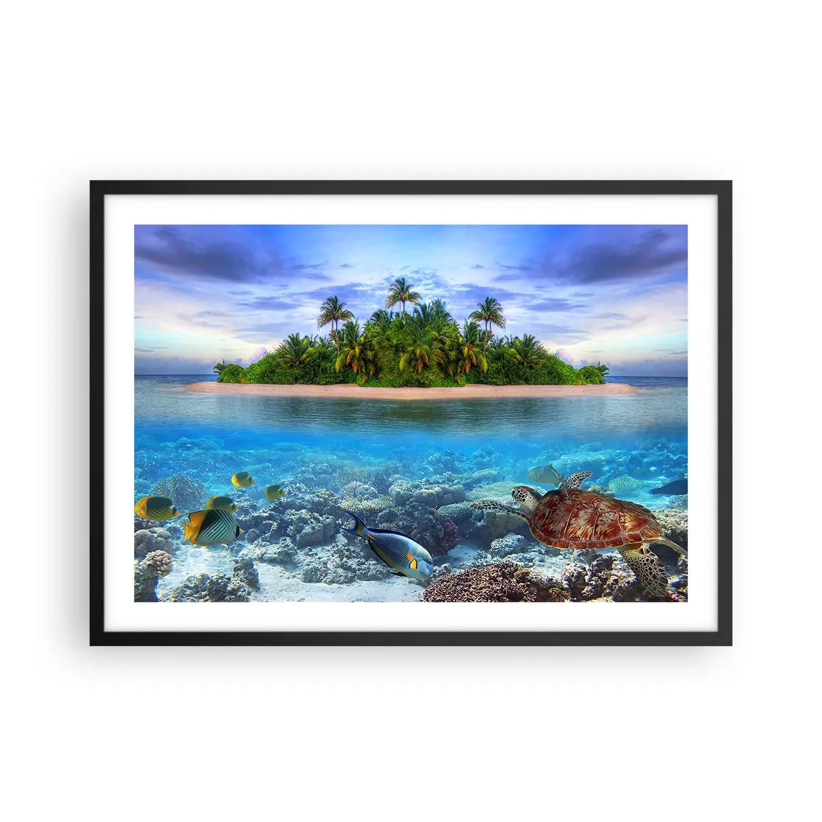 Póster en marco negro - Una isla tropical rodeada de un océano turquesa con un arrecife de coral y peces. - 70x50cm - Una isla paradisíaca te invita - Decoración de pared moderna para salón y dormitorio ARTTOR
