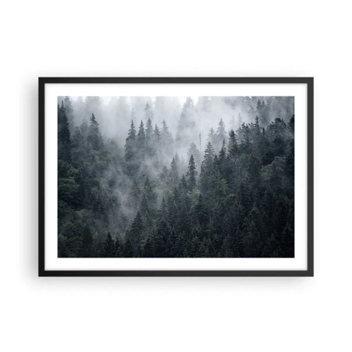 Póster en marco negro - Bosque de coníferas brumoso en tonos grises y verdes. - 70x50cm - Amanecer en el bosque - Decoración de pared moderna para salón y dormitorio ARTTOR