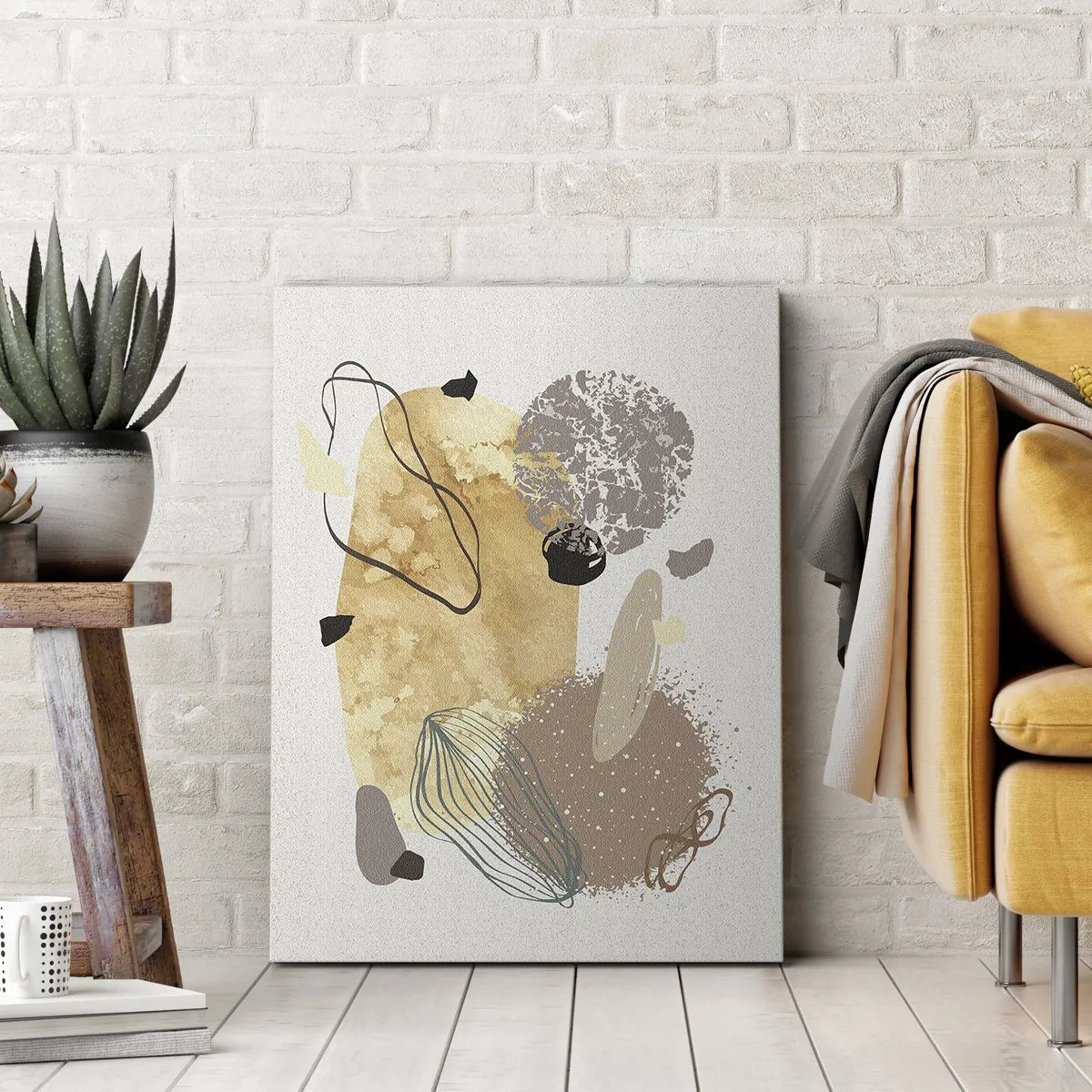 Cuadro sobre lienzo - Impresión de Imagen - Una composición de formas abstractas en beige y amarillo. - 50x70cm - Plumología aplicada - Decoración de pared moderna para salón y dormitorio ARTTOR