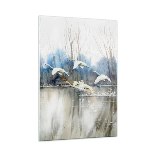 Cuadro sobre vidrio - Impresiones sobre Vidrio - Cisnes salvajes volando sobre un tranquilo lago del bosque - 50x70cm - Como en un cuento de cisnes salvajes - Decoración de pared moderna para salón y dormitorio ARTTOR