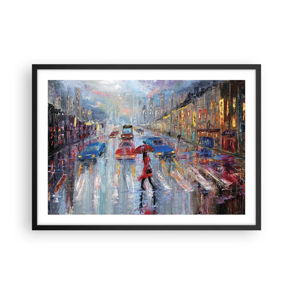 Póster en marco negro - Una mujer con un paraguas en una calle lluviosa bajo la luz de neón. - 70x50cm - Una tarde de lluvia en la ciudad - Decoración de pared moderna para salón y dormitorio ARTTOR