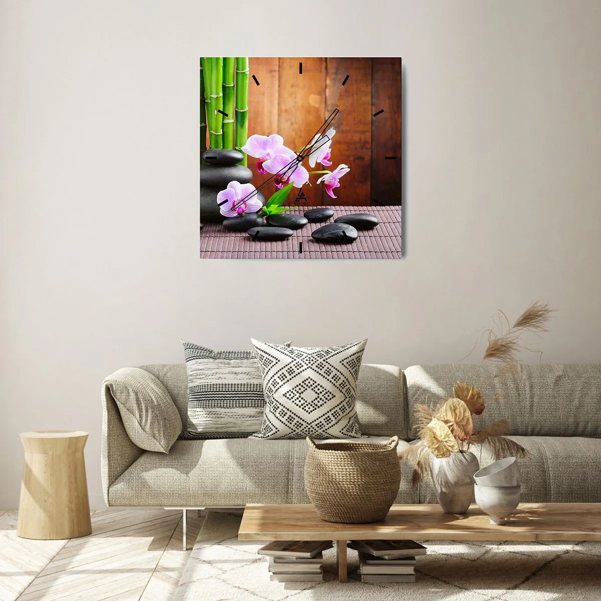 Reloj de pared - Reloj de vidrio - Bambú de estilo zen, piedras y orquídeas rosas sobre un fondo de madera. - 30x30cm - Experimente los placeres de Oriente - Decoración de pared moderna para salón y dormitorio ARTTOR