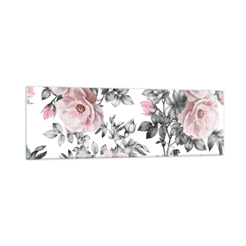 Cuadro sobre vidrio - Impresiones sobre Vidrio - Rosas rosas y hojas sobre un delicado fondo blanco y negro. - 160x50cm - Entre las rosas - Decoración de pared moderna para salón y dormitorio ARTTOR