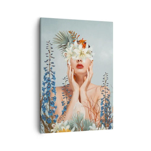 Cuadro sobre lienzo - Impresión de Imagen - Retrato de una mujer con un motivo floral sobre un fondo azul. - 50x70cm - Mujer-flor - Decoración de pared moderna para salón y dormitorio ARTTOR