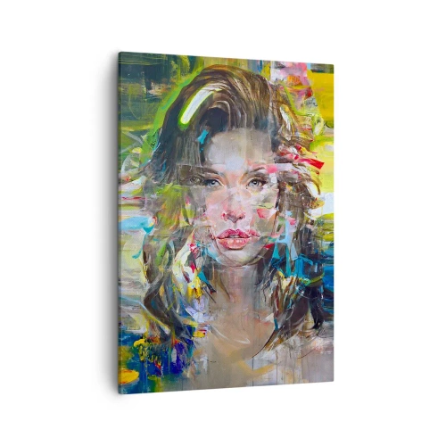 Cuadro sobre lienzo - Impresión de Imagen - Retrato abstracto de una mujer en colores intensos. - 50x70cm - Tras el velo del aire - Decoración de pared moderna para salón y dormitorio ARTTOR