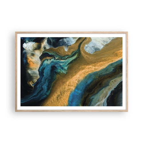 Póster en marco roble claro - Azul - amarillo - influencia mutua - 100x70 cm