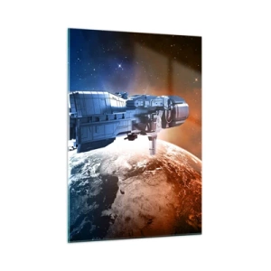 Cuadro sobre vidrio - Impresiones sobre Vidrio - Una nave espacial orbitando un planeta a la luz de las estrellas. - 50x70cm - Un observador atento - Decoración de pared moderna para salón y dormitorio ARTTOR