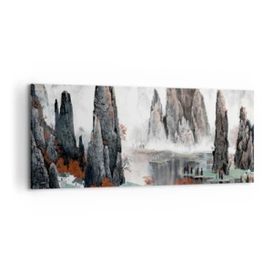 Cuadro sobre lienzo - Impresión de Imagen - Rocas y árboles pintorescos en el brumoso paisaje chino - 120x50cm - Poderosos guardianes - Decoración de pared moderna para salón y dormitorio ARTTOR