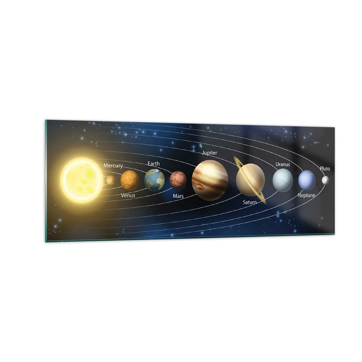Cuadro sobre vidrio - Impresiones sobre Vidrio - Diagrama del sistema solar con planetas y el sol. - 140x50cm - Uno de diez - Decoración de pared moderna para salón y dormitorio ARTTOR