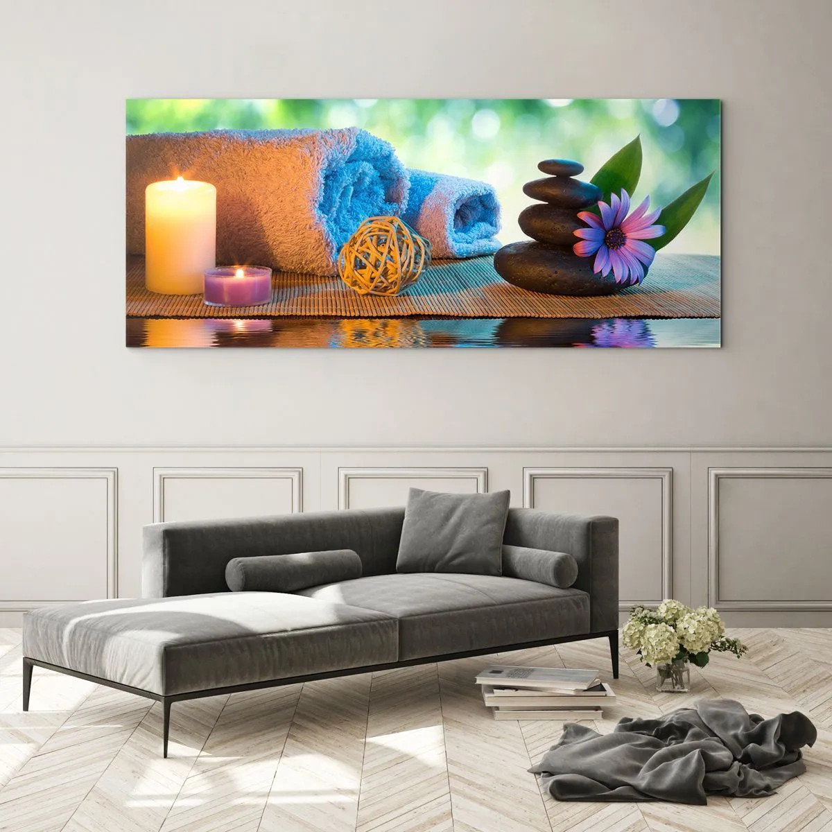 Cuadro sobre vidrio - Impresiones sobre Vidrio - Set de SPA relajante con toallas, velas y piedras - 140x50cm - Tiempo para el cuerpo - Decoración de pared moderna para salón y dormitorio ARTTOR