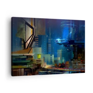 Cuadro sobre lienzo - Impresión de Imagen - Ciudad futurista de noche con luces de neón y un vehículo volador. - 70x50cm - En un futuro próximo - Decoración de pared moderna para salón y dormitorio ARTTOR