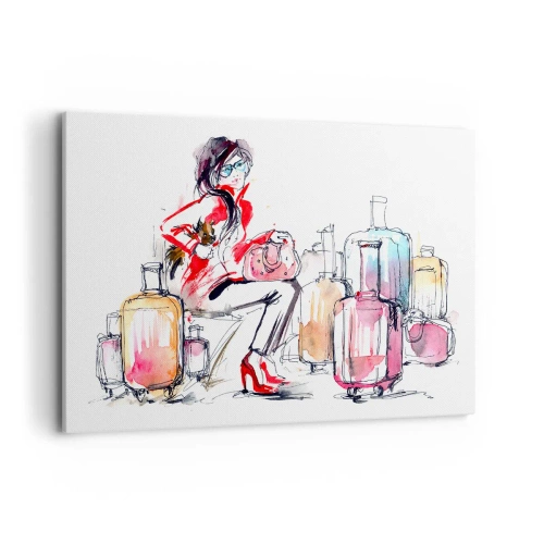 Cuadro sobre lienzo - Impresión de Imagen - Una mujer con maletas en una dinámica ilustración de acuarela. - 120x80cm - Sentémonos antes del viaje - Decoración de pared moderna para salón y dormitorio ARTTOR