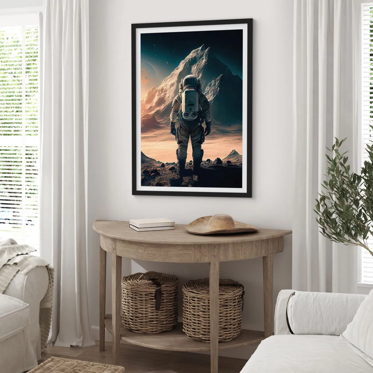 Póster en marco negro - Astronauta en un planeta alienígena a la luz de las estrellas. - 50x70cm - Un nuevo reto - Decoración de pared moderna para salón y dormitorio ARTTOR