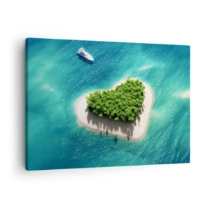 Cuadro sobre lienzo - Impresión de Imagen - Una romántica isla en forma de corazón en un mar turquesa. - 70x50cm - Me encanta el verano - Decoración de pared moderna para salón y dormitorio ARTTOR