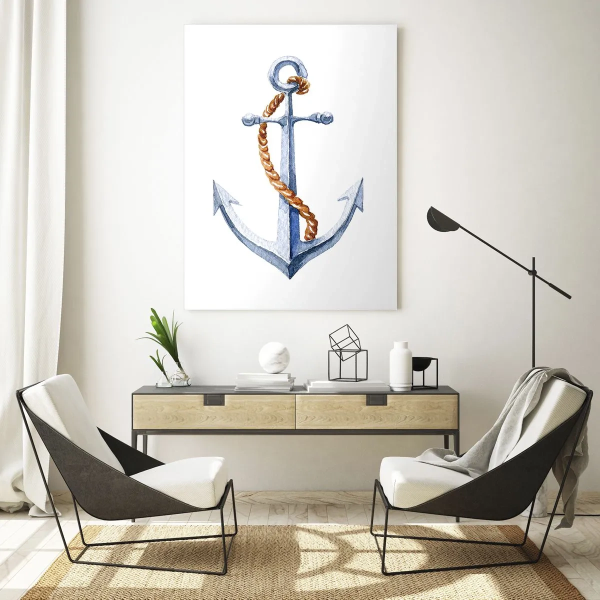 Cuadro sobre vidrio - Impresiones sobre Vidrio - Ancla con cuerda en estilo náutico - 50x70cm - ¡Ah, aventura! - Decoración de pared moderna para salón y dormitorio ARTTOR