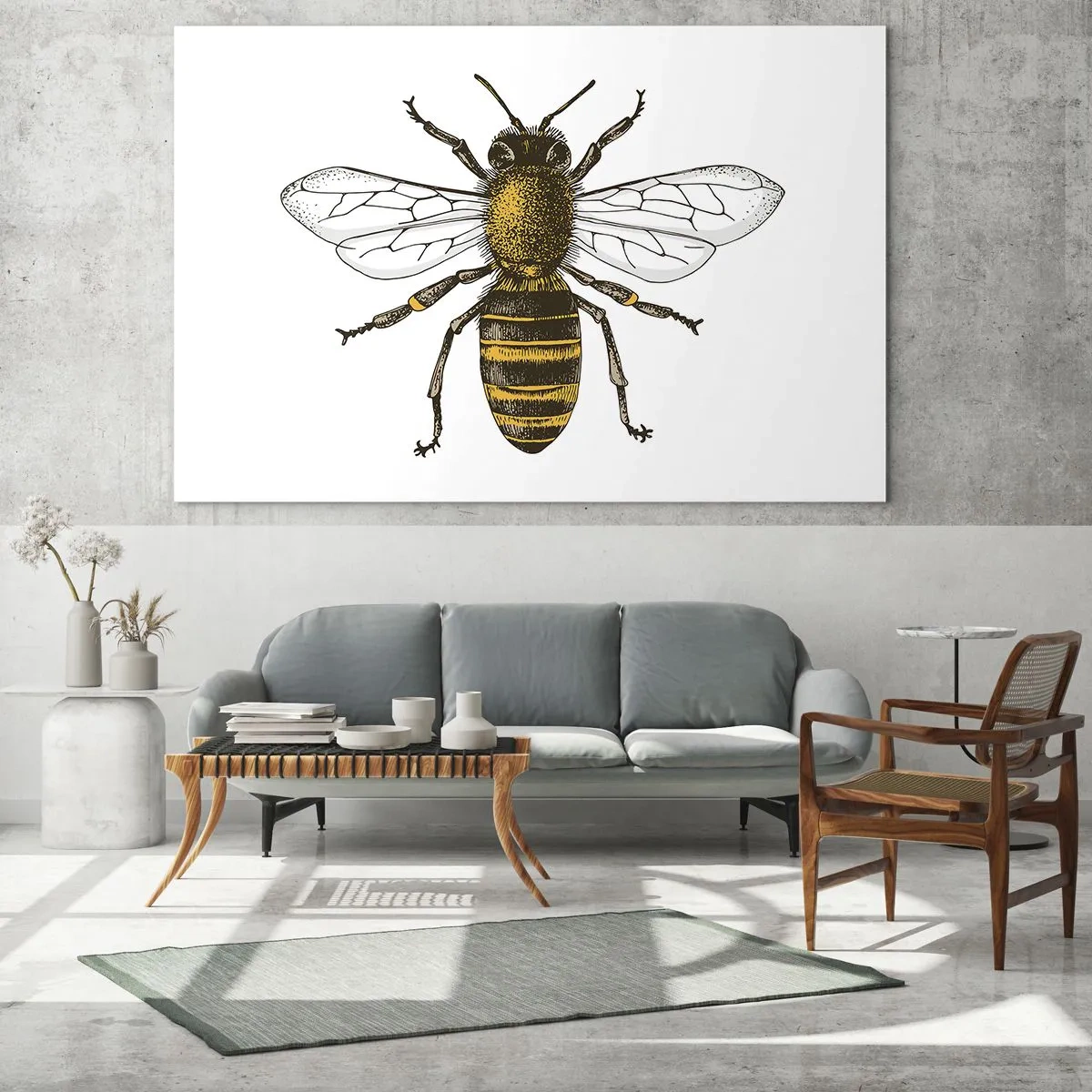 Cuadro sobre vidrio - Impresiones sobre Vidrio - Ilustración detallada de una abeja sobre un fondo blanco. - 70x50cm - Bondad natural - Decoración de pared moderna para salón y dormitorio ARTTOR