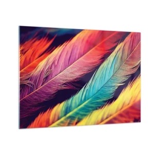 Cuadro sobre vidrio - Impresiones sobre Vidrio - Plumas de colores en intensos tonos arcoíris. - 70x50cm - Arco iris plumoso - Decoración de pared moderna para salón y dormitorio ARTTOR