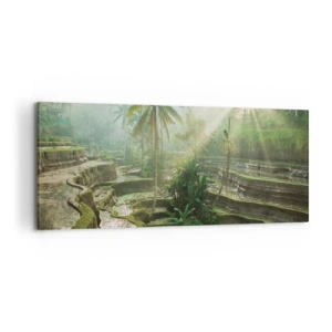 Cuadro sobre lienzo - Impresión de Imagen - Terrazas de arroz con palmeras bajo los rayos del sol - 120x50cm - Crecer bajo el sol - Decoración de pared moderna para salón y dormitorio ARTTOR