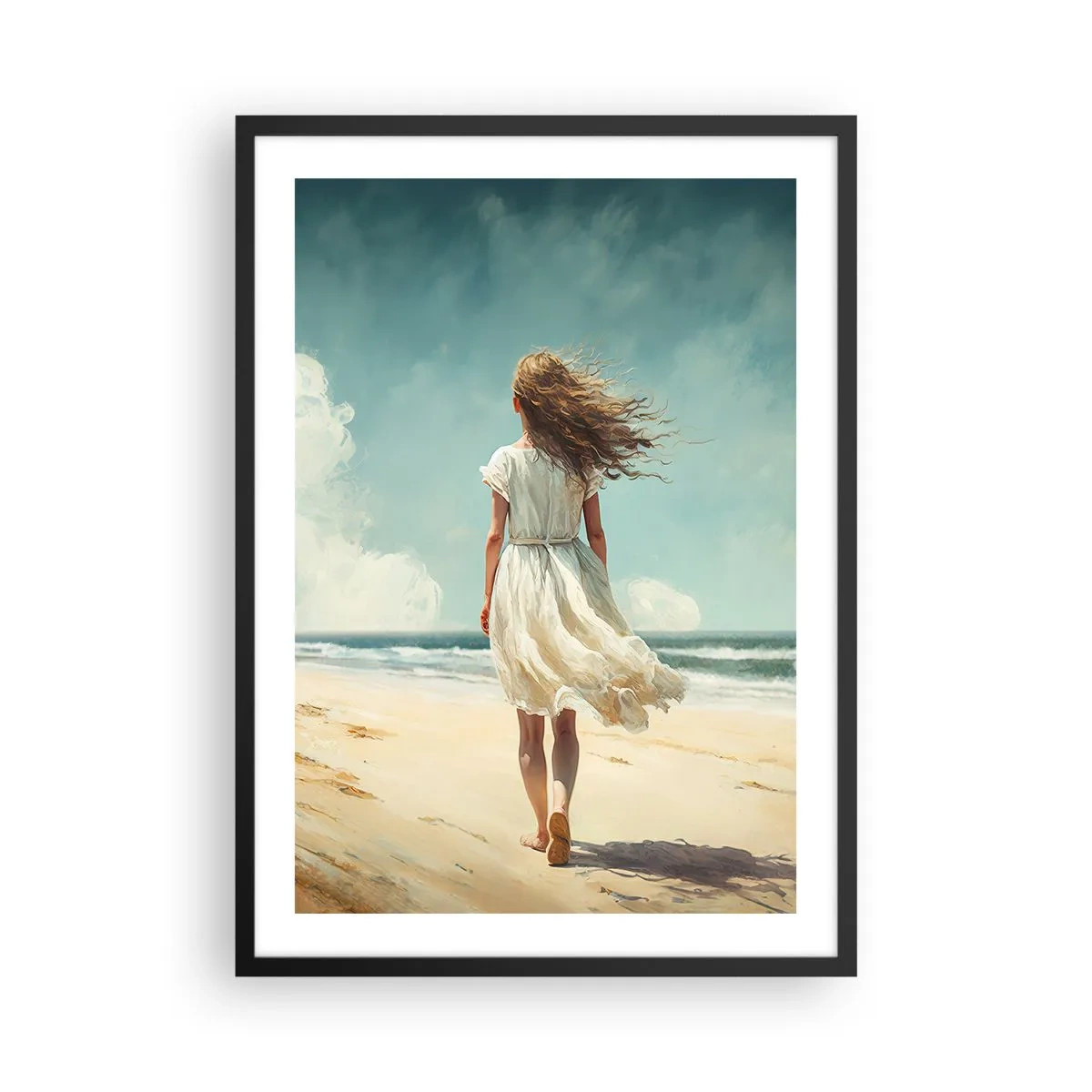 Póster en marco negro - Una mujer con un vestido blanco caminando por la playa junto al mar. - 50x70cm - Al encuentro del sol y del viento - Decoración de pared moderna para salón y dormitorio ARTTOR