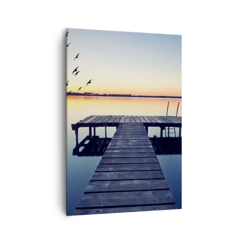 Cuadro sobre lienzo - Impresión de Imagen - Muelle de madera en un lago al amanecer con pájaros - 70x100cm - Fue un buen día - Decoración de pared moderna para salón y dormitorio ARTTOR