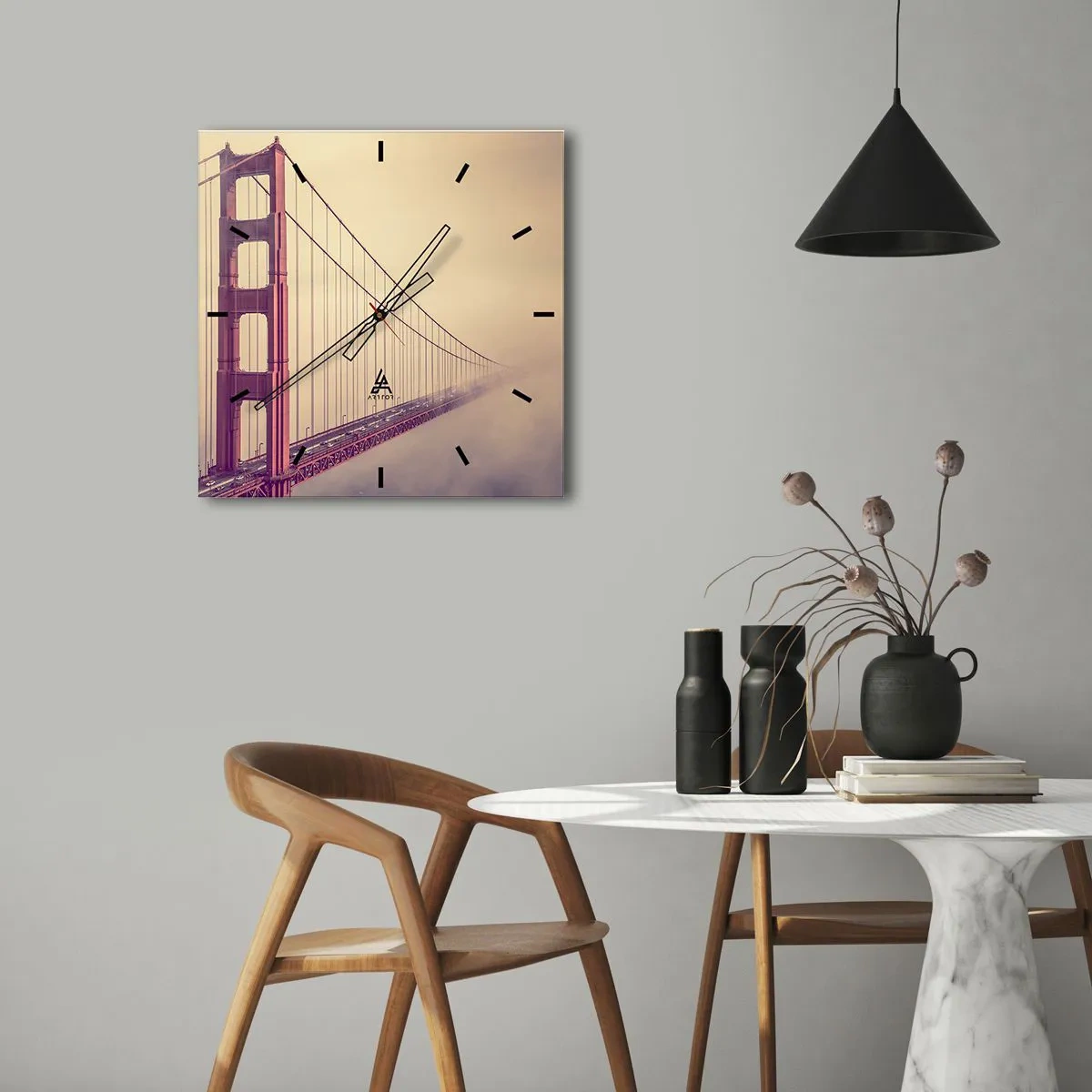 Reloj de pared - Reloj de vidrio - Un puente en la niebla en tonos pastel, símbolo de elegancia y paz. - 30x30cm - Entre el cielo y la tierra - Decoración de pared moderna para salón y dormitorio ARTTOR