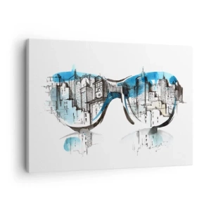 Cuadro sobre lienzo - Impresión de Imagen - Acuarela del panorama de la ciudad reflejado en las gafas. - 70x50cm - La elegancia de la gran ciudad - Decoración de pared moderna para salón y dormitorio ARTTOR
