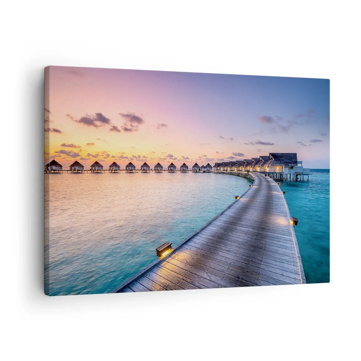 Cuadro sobre lienzo - Impresión de Imagen - El muelle que conduce a las cabañas frente al mar al atardecer. - 70x50cm - Vacaciones - volver al origen - Decoración de pared moderna para salón y dormitorio ARTTOR