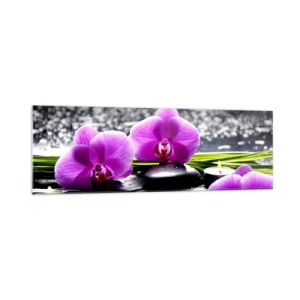 Cuadro sobre vidrio - Impresiones sobre Vidrio - Orquídeas moradas sobre un fondo de piedras y velas en un entorno relajante. - 160x50cm - Ahogarse en la paz y la tranquilidad - Decoración de pared moderna para salón y dormitorio ARTTOR