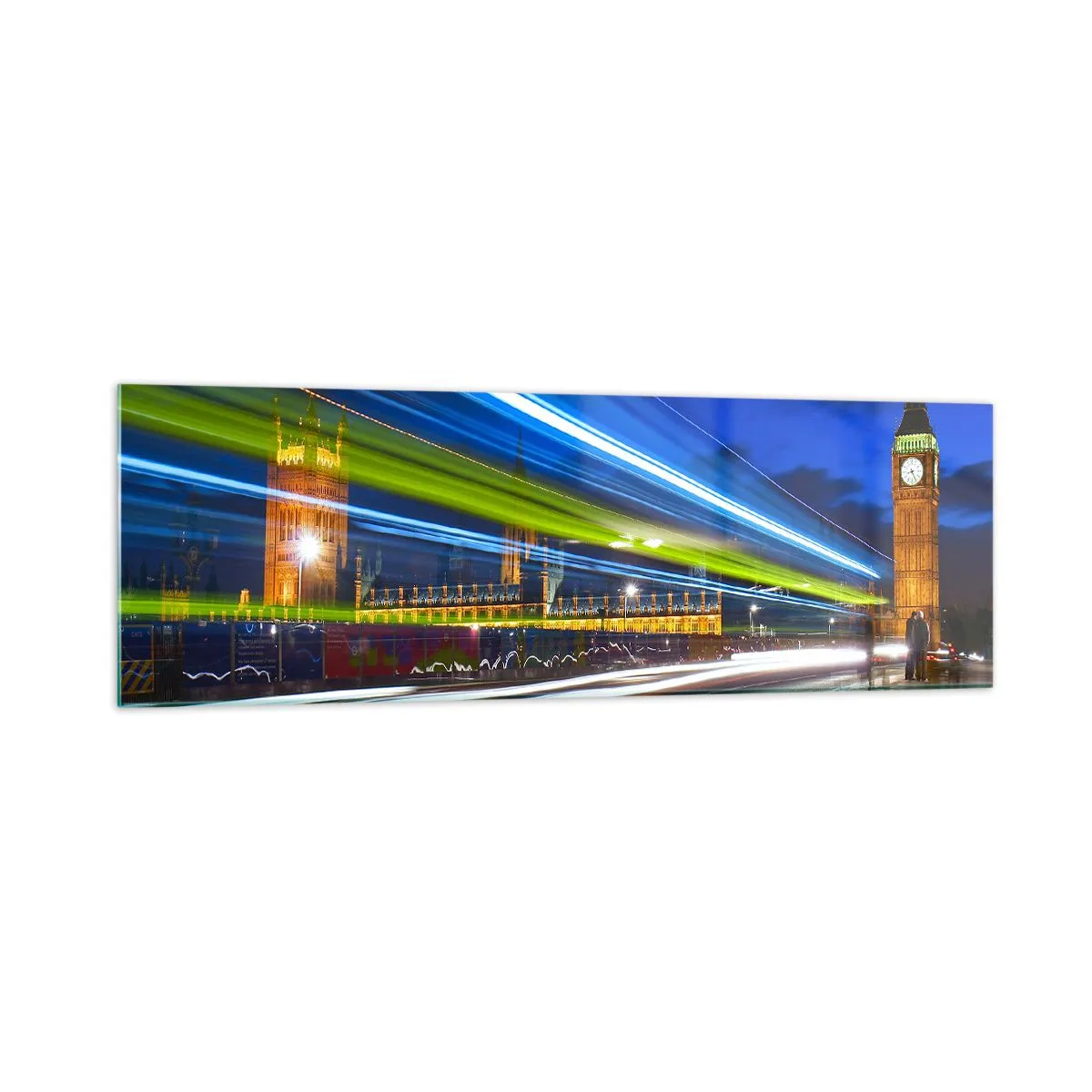Cuadro sobre vidrio - Impresiones sobre Vidrio - El Big Ben de noche con el efecto de las luces en el tráfico de la calle. - 160x50cm - Bajo la mirada del Big Ben - Decoración de pared moderna para salón y dormitorio ARTTOR