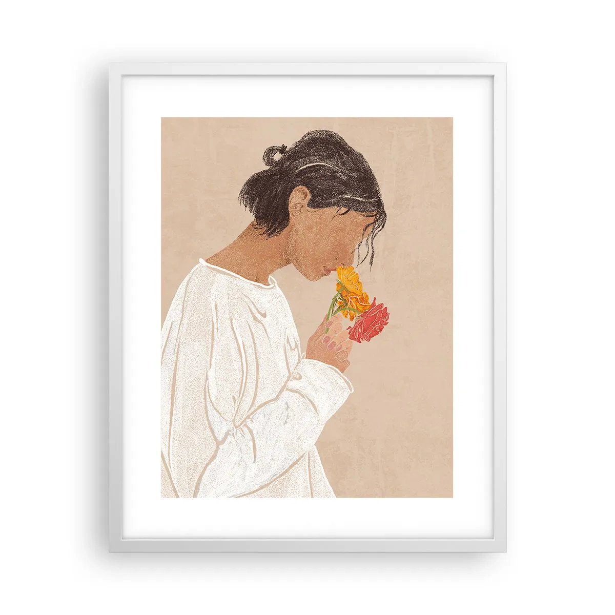 Póster en marco blanco - Joven con flores - 40x50 cm