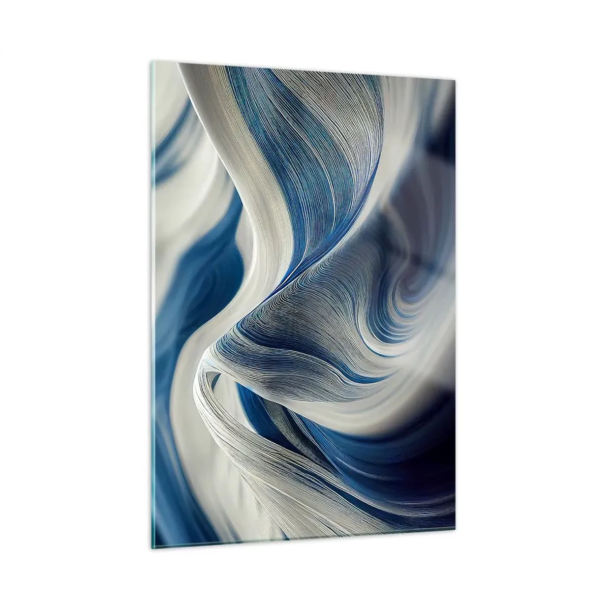Cuadro sobre vidrio - Impresiones sobre Vidrio - Abstracción dinámica en tonos azules y blancos. - 50x70cm - Fluidez de azul y blanco - Decoración de pared moderna para salón y dormitorio ARTTOR