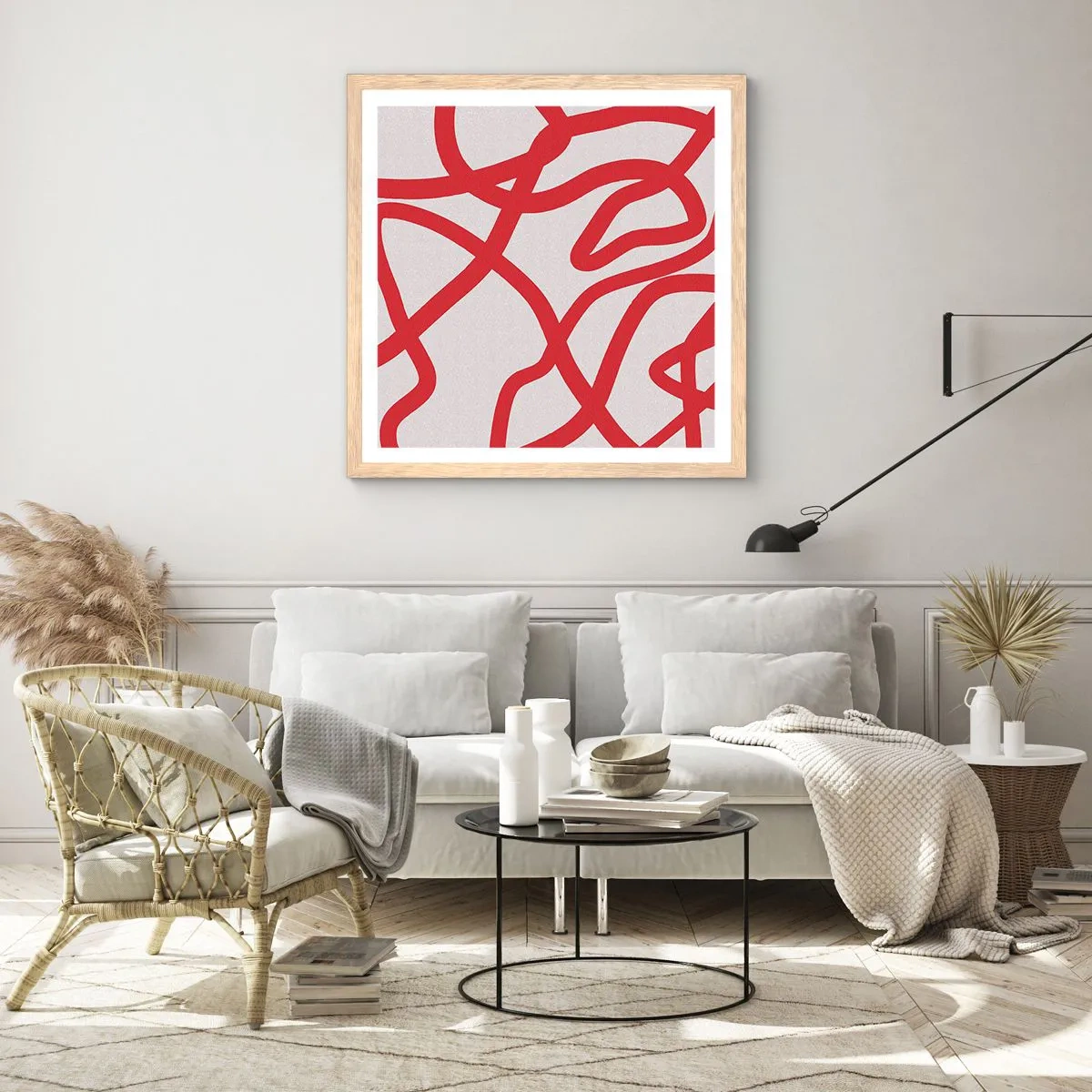 Póster en marco roble claro - Rojo sobre blanco - 40x40 cm