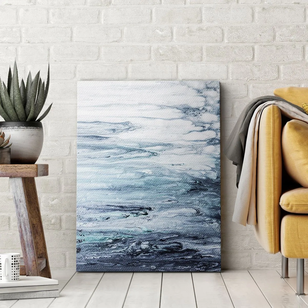 Cuadro sobre lienzo - Impresión de Imagen - Rayas abstractas azules y blancas que se asemejan a carámbanos - 50x70cm - Carámbanos de azul - Decoración de pared moderna para salón y dormitorio ARTTOR