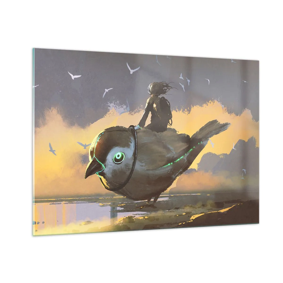 Cuadro sobre vidrio - Impresiones sobre Vidrio - Una figura de un pájaro gigante a la luz del sol poniente. - 100x70cm - Una parada en un viaje fantástico - Decoración de pared moderna para salón y dormitorio ARTTOR