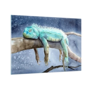 Cuadro sobre vidrio - Impresiones sobre Vidrio - Iguana azul recostada sobre una rama en estilo acuarela - 70x50cm - Me siento bien, ¿y tú? - Decoración de pared moderna para salón y dormitorio ARTTOR