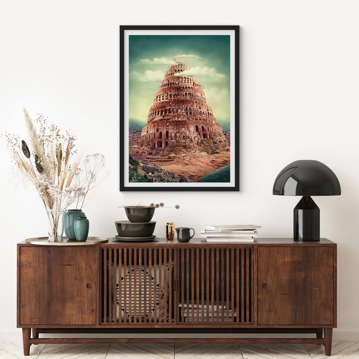 Póster en marco negro - La mítica Torre de Babel en un paisaje pintoresco - 50x70cm - La Torre de Babel - Decoración de pared moderna para salón y dormitorio ARTTOR