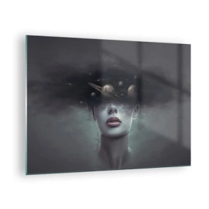 Cuadro sobre vidrio - Impresiones sobre Vidrio - Una mujer con planetas por cabeza en una composición surrealista. - 70x50cm - Y los planetas sienten... - Decoración de pared moderna para salón y dormitorio ARTTOR
