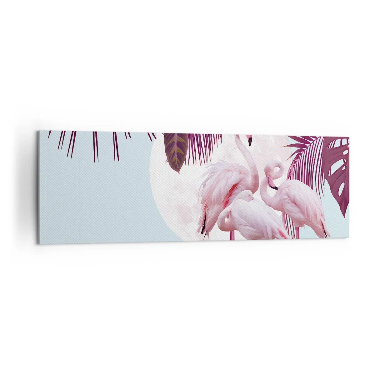 Cuadro sobre lienzo - Impresión de Imagen - Flamencos rosados con la luna y las hojas tropicales como telón de fondo. - 160x50cm - La grandeza de las aves - Decoración de pared moderna para salón y dormitorio ARTTOR
