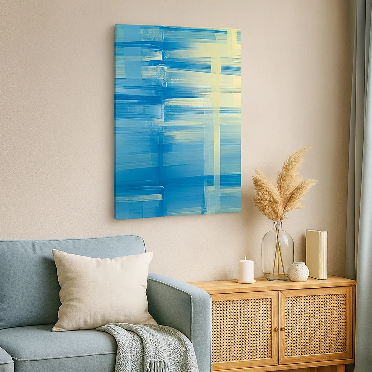 Cuadro sobre lienzo - Impresión de Imagen - Un cuadro abstracto en tonos turquesa y azul con pinceladas geométricas. - 50x70cm - Composición en turquesa - Decoración de pared moderna para salón y dormitorio ARTTOR