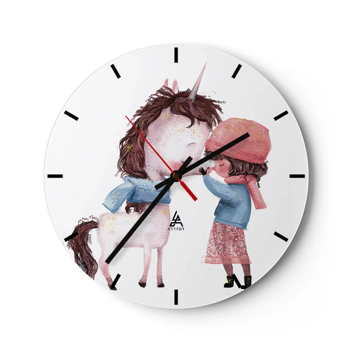 Reloj de pared - Reloj de vidrio - Una niña con un traje de invierno besando a un unicornio sobre un fondo blanco. - 30x30cm - Un cuento de invierno - Decoración de pared moderna para salón, cocina y dormitorio ARTTOR