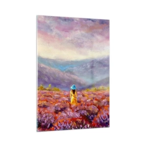Cuadro sobre vidrio - Impresiones sobre Vidrio - Una figura con sombrero en un campo de lavanda al anochecer. - 50x70cm - En un mundo de lavanda - Decoración de pared moderna para salón y dormitorio ARTTOR