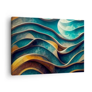 Cuadro sobre lienzo - Impresión de Imagen - Ondas abstractas en tonos turquesa y dorado - 70x50cm - Meandros de azul - Decoración de pared moderna para salón y dormitorio ARTTOR